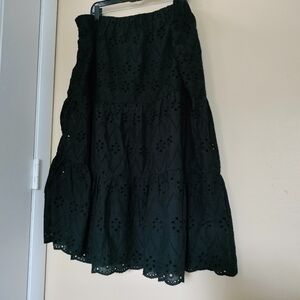 Susan Graver Pure Cotton Black Lined Eyelet Tiered Pull on Midi Skirt XL Office